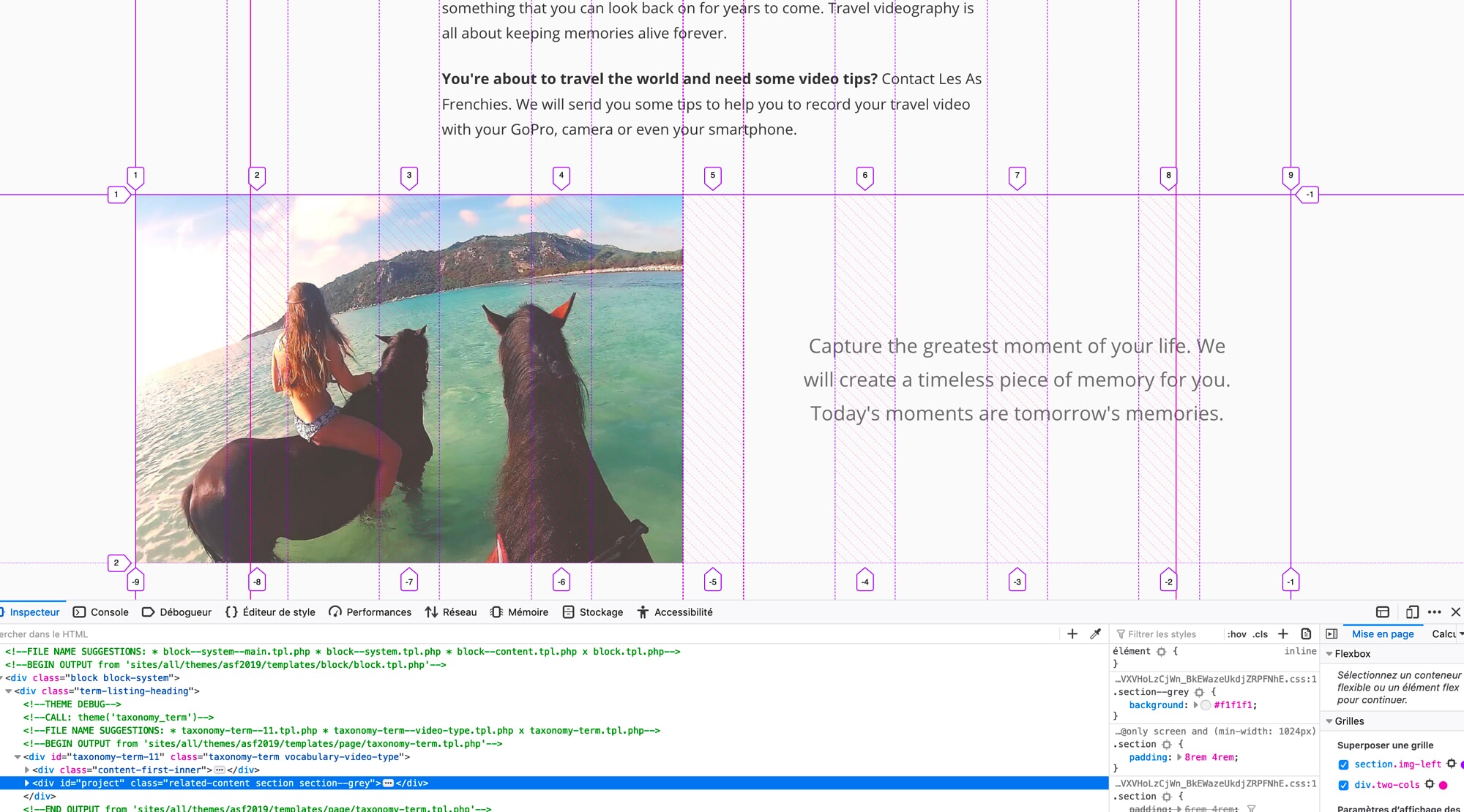 Les As Frenchies screen with CSS Grid highlighted