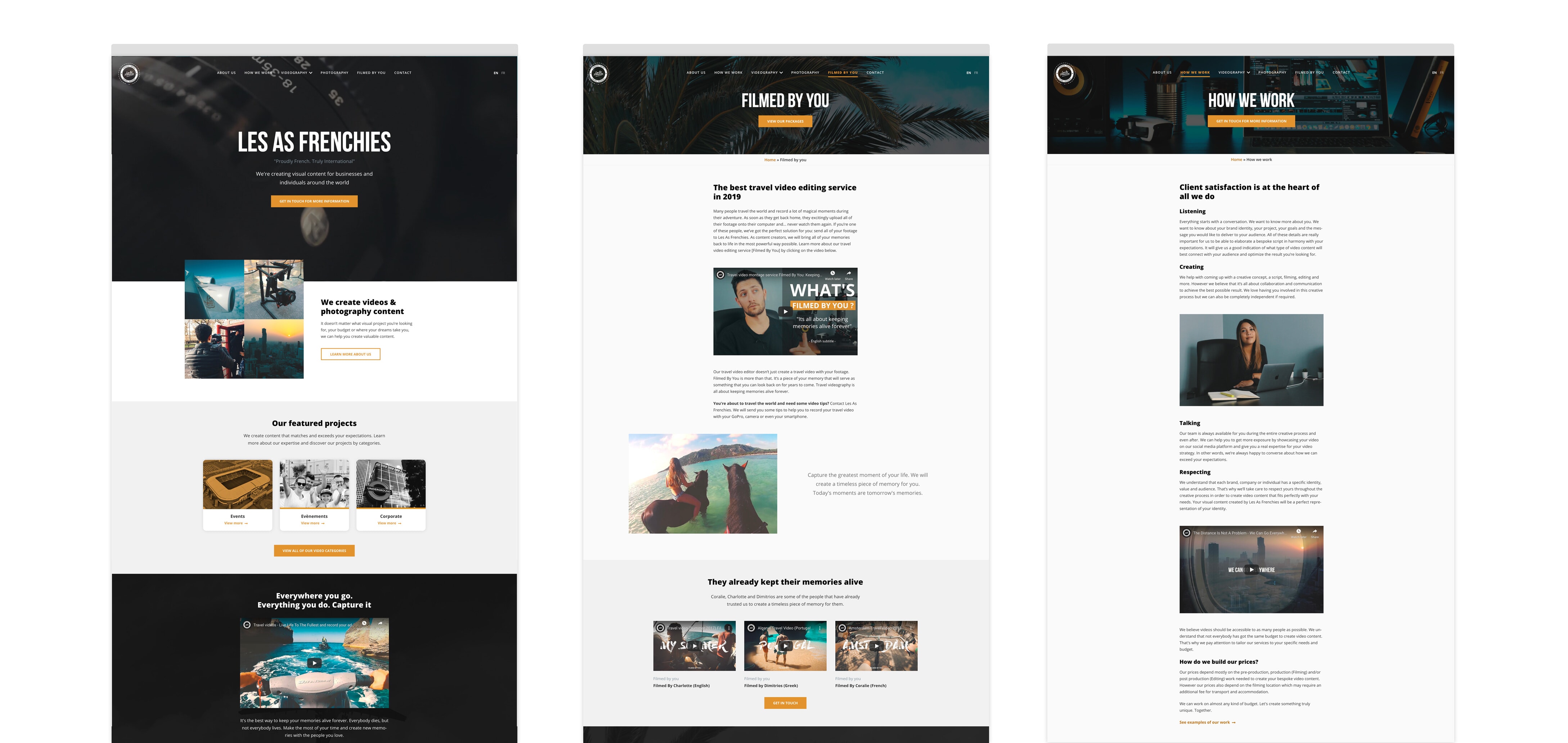 Les As Frenchies homepage, How we work and Filmed by you pages visual interfaces