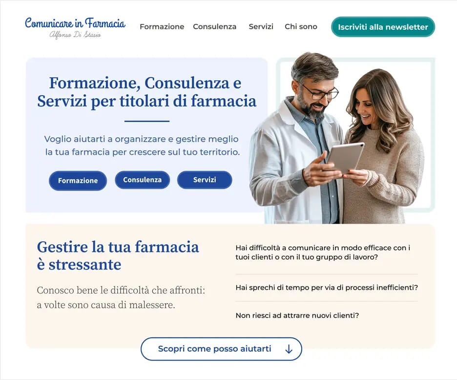 Pharmacist assisting a customer while using a digital device, illustrating the human side of the service