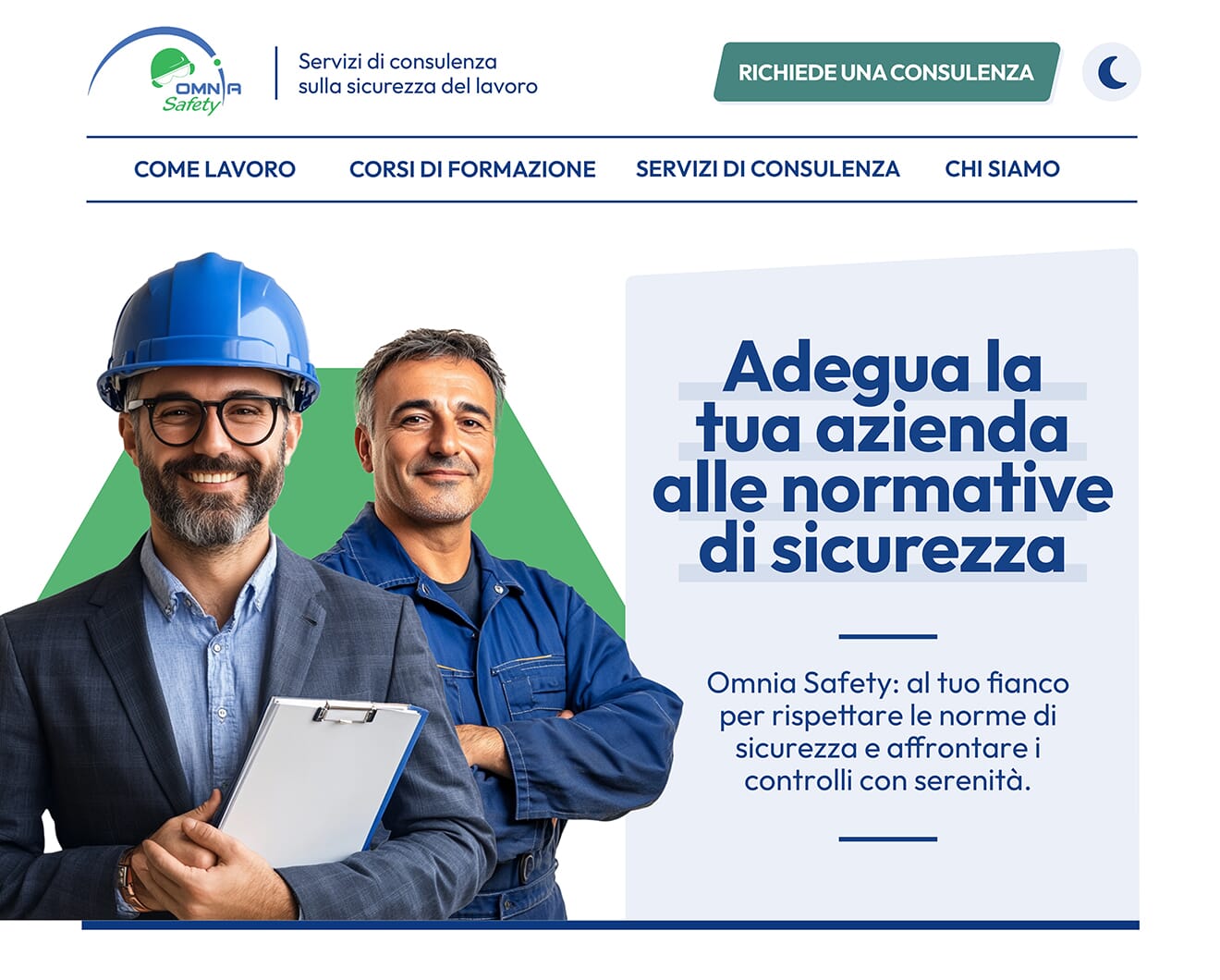 New hero with consultants in safety gear and headline ‘Bring your company in line with safety regulations.’