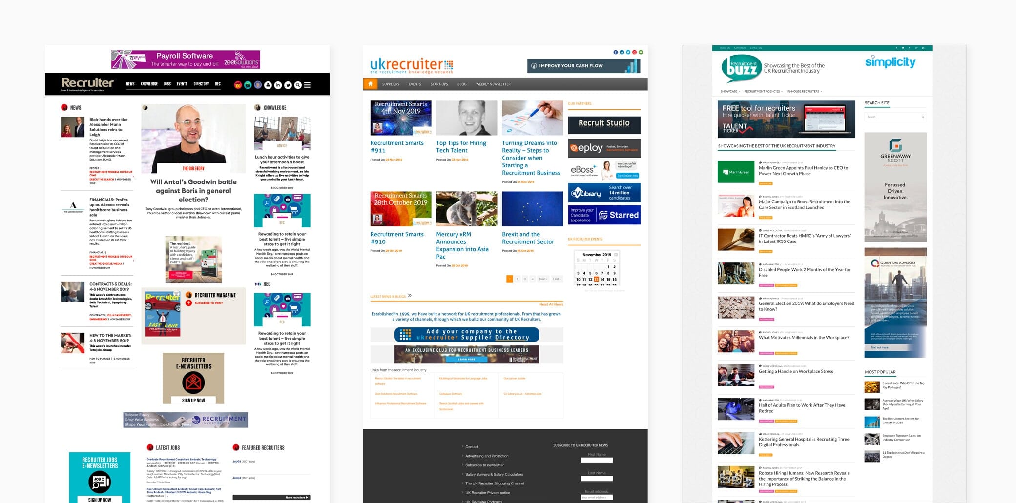 Homepages of the three main competitors of Onrec