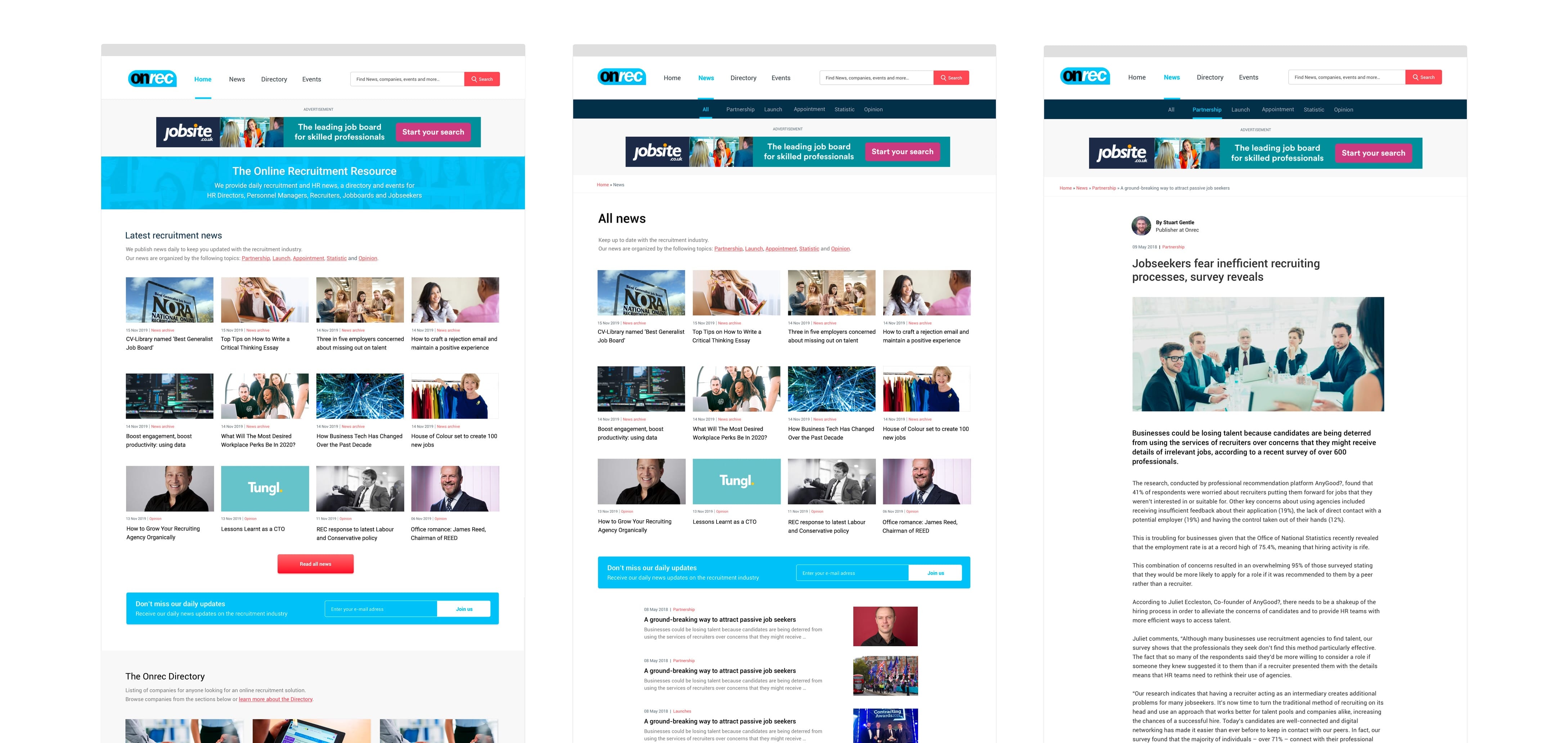 Onrec Homepage, Landong page and article hi-fidelity wireframes