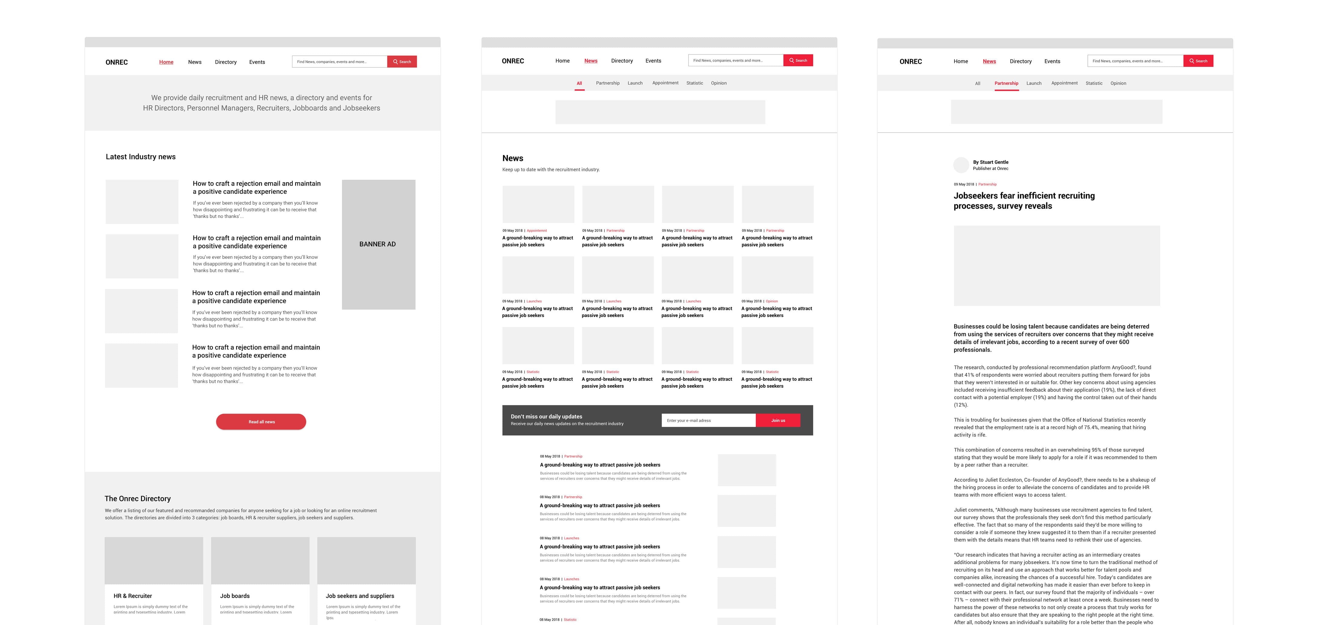 Onrec website low-fidelity Wireframes: Homepage, News landing page and News article