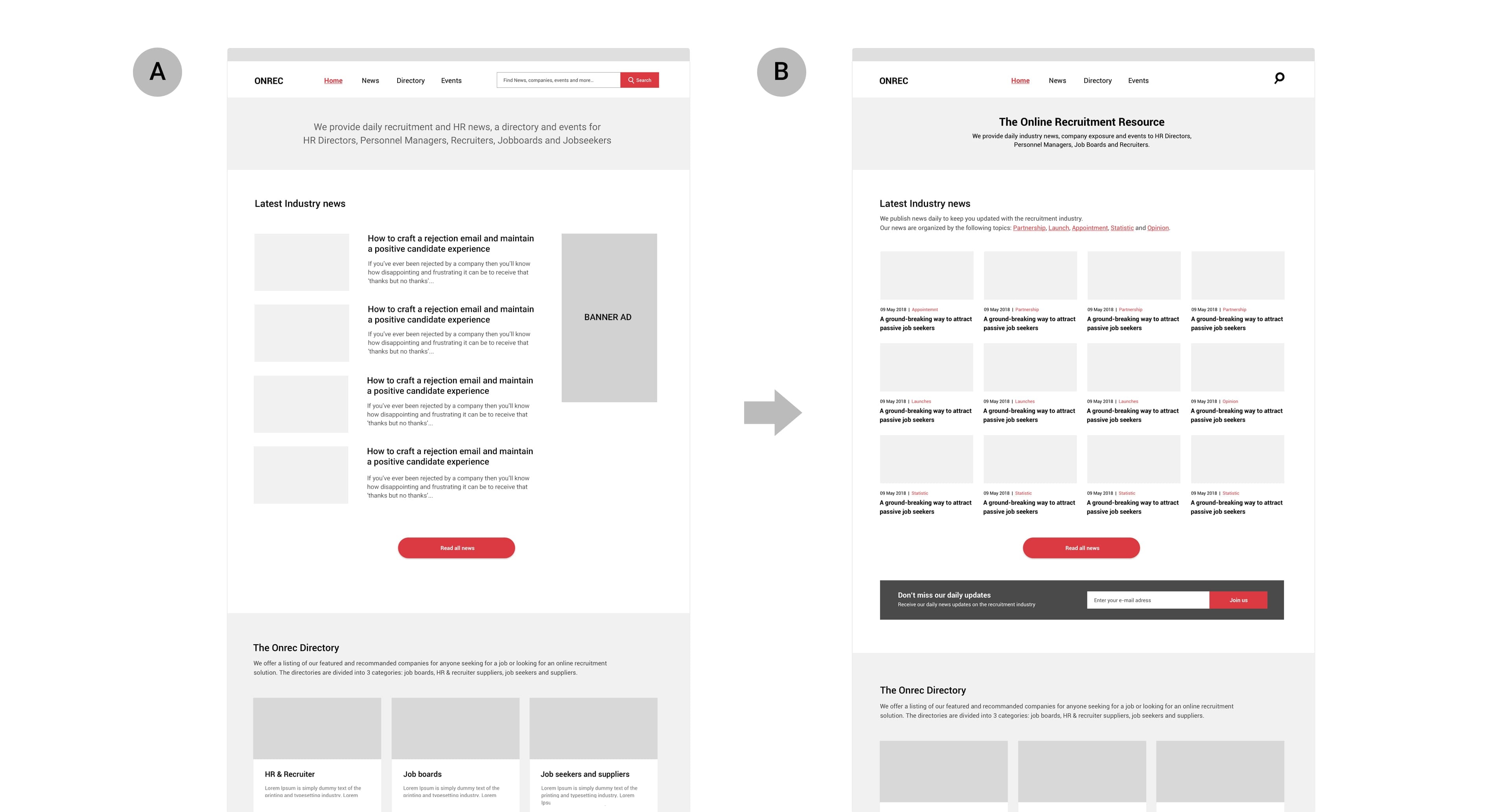 Onrec website Homepage iteration from verion A to B