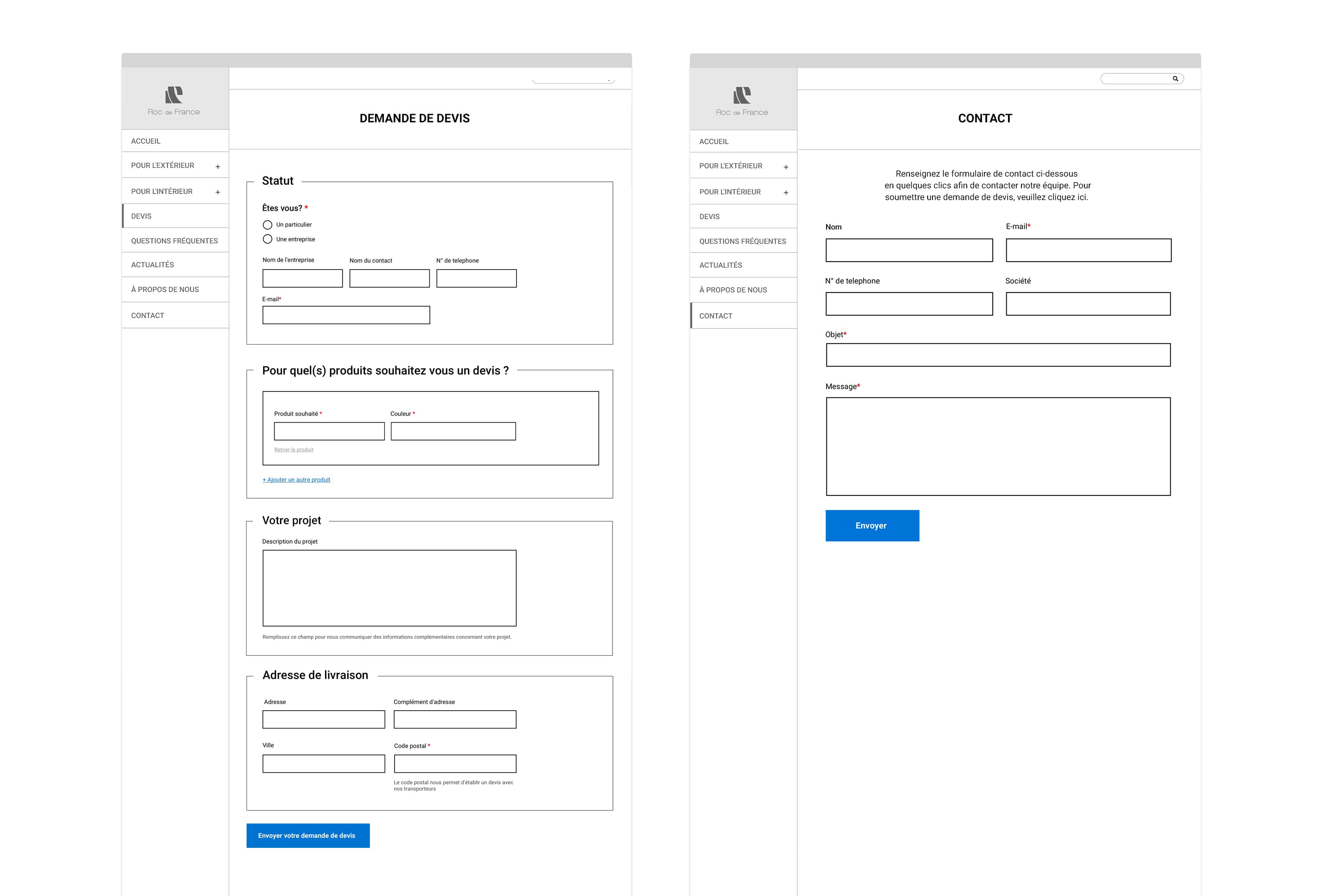 Quotes requests form and Enquiry form wireframes